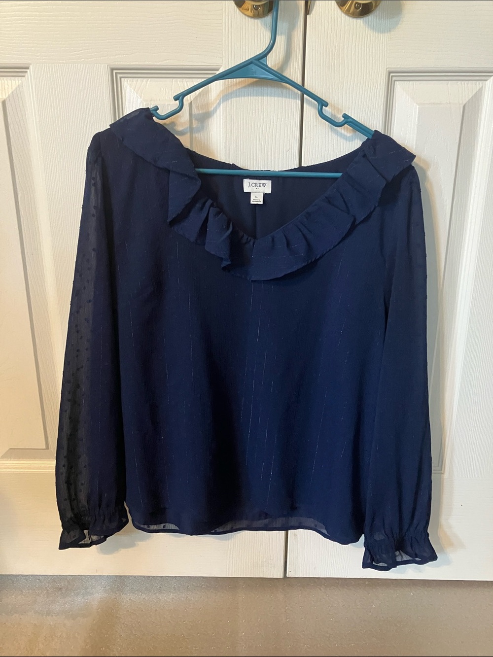 J. Crew Factory Navy Ruffled V-Neck Sheer Dot Sleeve Blouse